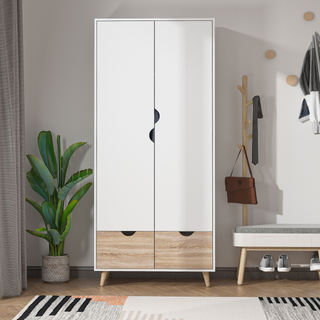 2-Door Clothes Wardrobe w/ Rail Shelf 2 Drawers Wood Feet Elegant Home Storage Organisation Furniture Dresses Coats Blankets Shoes White - Giant Lobelia