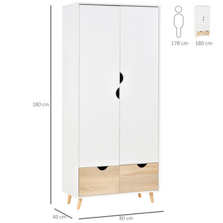 2-Door Clothes Wardrobe w/ Rail Shelf 2 Drawers Wood Feet Elegant Home Storage Organisation Furniture Dresses Coats Blankets Shoes White - Giant Lobelia