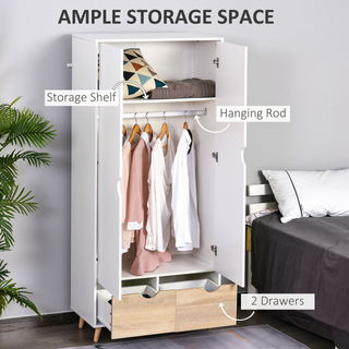 2-Door Clothes Wardrobe w/ Rail Shelf 2 Drawers Wood Feet Elegant Home Storage Organisation Furniture Dresses Coats Blankets Shoes White - Giant Lobelia