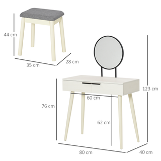 Dressing Table Vanity Set Makeup Desk with Round Mirror Cushioned Stool 2 Drawers for Bedroom Jewelry Storage Set, White - Giant Lobelia