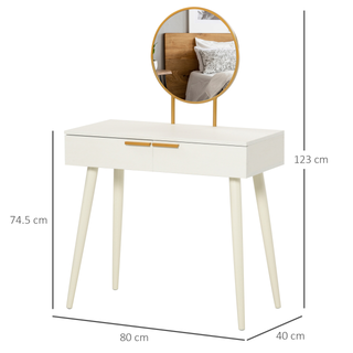 Modern Dressing Table with Round Mirror, Makeup Vanity Table with 2 Drawers for Bedroom, Living Room, White - Giant Lobelia