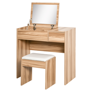 Chipboard Dressing Table Set Cushioned Stool Flip-up Mirror Drawer Wood Grain Colour - Giant Lobelia