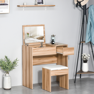 Chipboard Dressing Table Set Cushioned Stool Flip-up Mirror Drawer Wood Grain Colour - Giant Lobelia