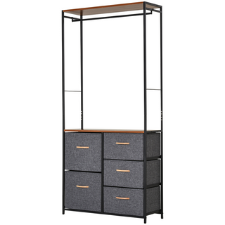 Chest of Drawers with Coat rack Steel Frame 5 Drawers  Bedroom Hallway Home Furniture Black Brown - Giant Lobelia