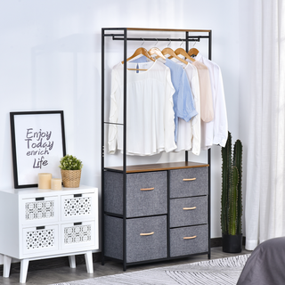 Chest of Drawers with Coat rack Steel Frame 5 Drawers  Bedroom Hallway Home Furniture Black Brown - Giant Lobelia