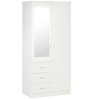 Modern Mirror Wardrobe 2 Door Storage Cupboards Home Storage Organisation Furniture with Adjustable Shelf, Hanging Rail and 3 Drawers, 180cm, White - Giant Lobelia