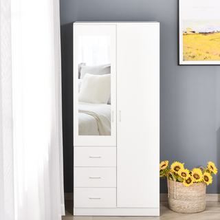 Modern Mirror Wardrobe 2 Door Storage Cupboards Home Storage Organisation Furniture with Adjustable Shelf, Hanging Rail and 3 Drawers, 180cm, White - Giant Lobelia