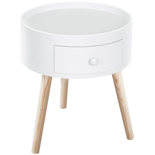 Modern Side Table, Small Coffee Table, Round Bedside Table with Drawer and Wood Legs for Living Room, Bedroom, White - Giant Lobelia