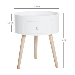 Modern Side Table, Small Coffee Table, Round Bedside Table with Drawer and Wood Legs for Living Room, Bedroom, White - Giant Lobelia