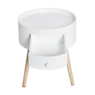 Modern Side Table, Small Coffee Table, Round Bedside Table with Drawer and Wood Legs for Living Room, Bedroom, White - Giant Lobelia