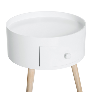 Modern Side Table, Small Coffee Table, Round Bedside Table with Drawer and Wood Legs for Living Room, Bedroom, White - Giant Lobelia