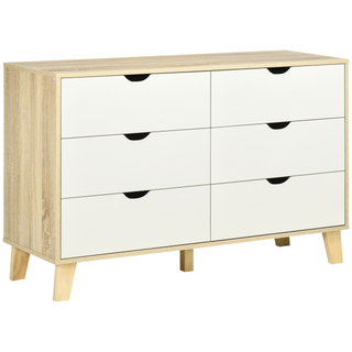 Wide Chest of Drawers, 6-Drawer Storage Organiser Unit with Wood Legs for Bedroom, Living Room, White and Light Brown - Giant Lobelia