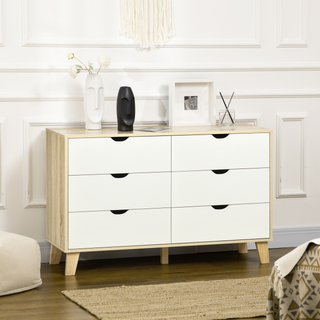 Wide Chest of Drawers, 6-Drawer Storage Organiser Unit with Wood Legs for Bedroom, Living Room, White and Light Brown - Giant Lobelia