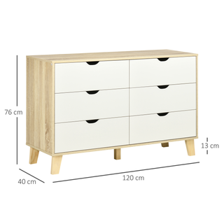 Wide Chest of Drawers, 6-Drawer Storage Organiser Unit with Wood Legs for Bedroom, Living Room, White and Light Brown - Giant Lobelia