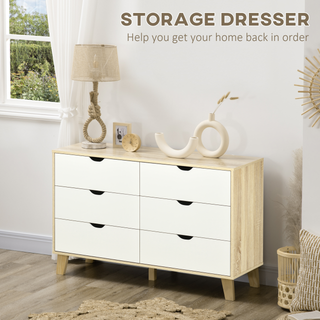 Wide Chest of Drawers, 6-Drawer Storage Organiser Unit with Wood Legs for Bedroom, Living Room, White and Light Brown - Giant Lobelia