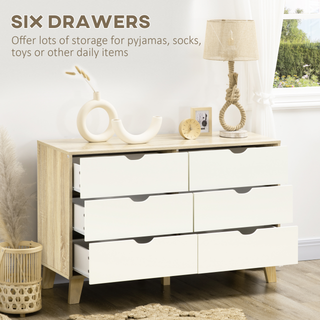 Wide Chest of Drawers, 6-Drawer Storage Organiser Unit with Wood Legs for Bedroom, Living Room, White and Light Brown - Giant Lobelia