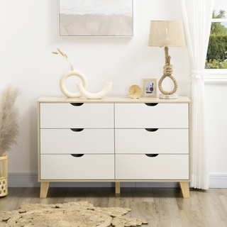 Wide Chest of Drawers, 6-Drawer Storage Organiser Unit with Wood Legs for Bedroom, Living Room, White and Light Brown - Giant Lobelia