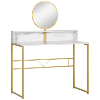 Modern Dressing Table with Round Mirror, Vanity Makeup Desk with Open Storage, Faux Marble Texture and Steel Frame for Bedroom, White - Giant Lobelia