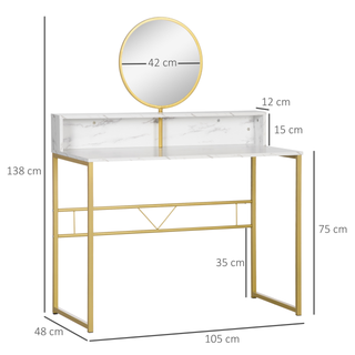 Modern Dressing Table with Round Mirror, Vanity Makeup Desk with Open Storage, Faux Marble Texture and Steel Frame for Bedroom, White - Giant Lobelia