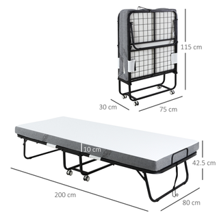 Folding Bed with 10cm Mattress, Portable Foldable Guest Bed with Sturdy Metal Frame on Wheels - Giant Lobelia