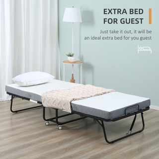 Folding Bed with 10cm Mattress, Portable Foldable Guest Bed with Sturdy Metal Frame on Wheels - Giant Lobelia