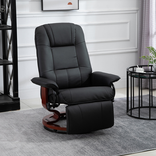 Manual Recliner Chair Armchair Sofa with Faux Leather Upholstered Wooden Base for Living Room Bedroom, Black - Giant Lobelia