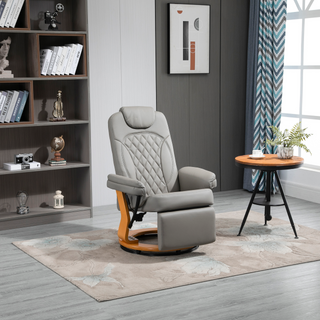 PU Recliner Chair with Footrest, Headrest, Round Wooden Base, Lounge Reading Armchair for Living Room, Bedroom and Office, Grey - Giant Lobelia