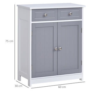 kleankin 75x60cm Freestanding Bathroom Storage Cabinet Unit w/ 2 Drawers Cupboard Adjustable Shelf Metal Handles Traditional Style Grey White - Giant Lobelia