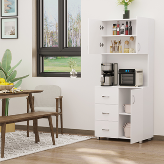 Free standing Kitchen Cupboard, Storage Cabinet with Doors and Sheleves, 3 drawers and Open Space, Adjustable Height Storage Unit, White - Giant Lobelia