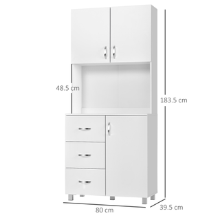 Free standing Kitchen Cupboard, Storage Cabinet with Doors and Sheleves, 3 drawers and Open Space, Adjustable Height Storage Unit, White - Giant Lobelia