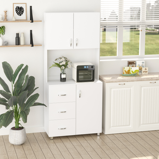 Free standing Kitchen Cupboard, Storage Cabinet with Doors and Sheleves, 3 drawers and Open Space, Adjustable Height Storage Unit, White - Giant Lobelia