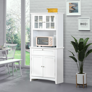 HOMCOM Kitchen Cupboard, Wooden Storage Cabinet with Framed Glass Door, Drawer, Microwave Space for Dining and Living Room, White - Giant Lobelia