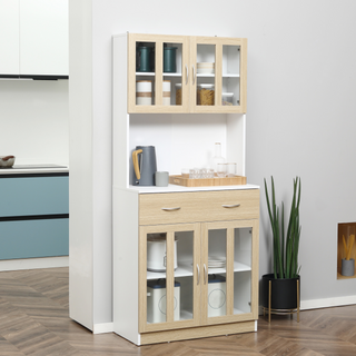 Modern Kitchen Cupboard, Freestanding Storage Cabinet Hutch with Central Drawer, 2 Glass Door Cabinets and Countertop,180cm - Giant Lobelia