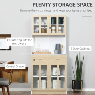 Modern Kitchen Cupboard, Freestanding Storage Cabinet Hutch with Central Drawer, 2 Glass Door Cabinets and Countertop,180cm - Giant Lobelia