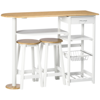 3 Piece Bar Table Set, Breakfast Bar table and Stools with Storage Shelf, Drawer, Wire Basket and Wine Rack for Kitchen, Home Bar, Natural and White - Giant Lobelia