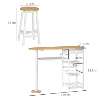 3 Piece Bar Table Set, Breakfast Bar table and Stools with Storage Shelf, Drawer, Wire Basket and Wine Rack for Kitchen, Home Bar, Natural and White - Giant Lobelia