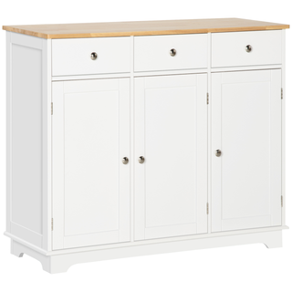 Modern Sideboard with Rubberwood Top, Buffet Cabinet with Storage Cabinets, Drawers and Adjustable Shelves for Living Room, Kitchen, White - Giant Lobelia