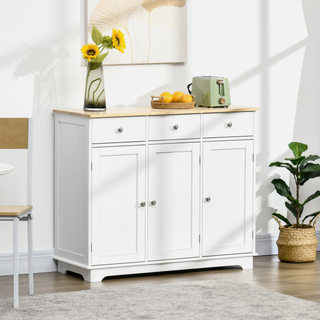 Modern Sideboard with Rubberwood Top, Buffet Cabinet with Storage Cabinets, Drawers and Adjustable Shelves for Living Room, Kitchen, White - Giant Lobelia