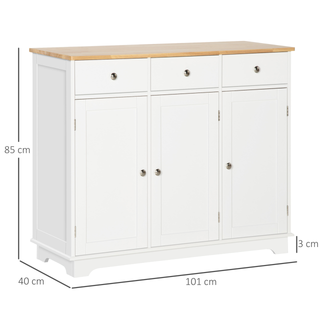 Modern Sideboard with Rubberwood Top, Buffet Cabinet with Storage Cabinets, Drawers and Adjustable Shelves for Living Room, Kitchen, White - Giant Lobelia