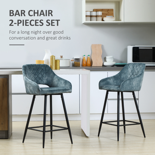 HOMCOM Bar Stools Set of 2, Velvet-Touch Fabric Counter Height Bar Chairs, Kitchen Stools with Steel Legs for Dining Area, Kitchen Island Barstools, Blue - Giant Lobelia