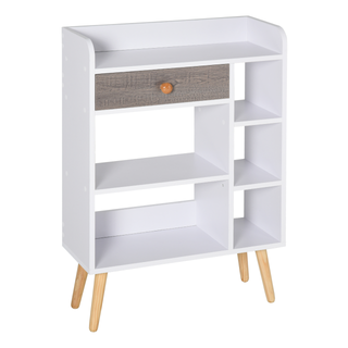 HOMCOM Multi-Shelf Modern Bookcase Freestanding Storage w/ Drawer 6 Shelves Wood Legs Home Office Display Furniture Stylish White Grey - Giant Lobelia