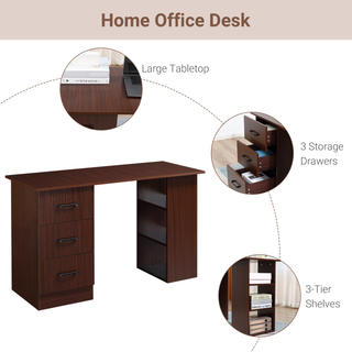 HOMCOM 120cm Computer Desk with Storage Shelves Drawers, Writing Table Study Workstation for Home Office, Walnut Brown - Giant Lobelia