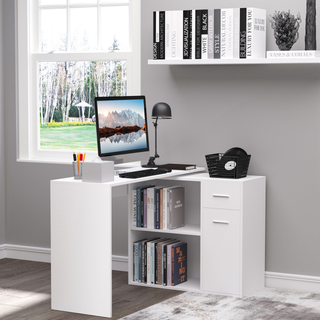 L-Shaped  Desk Computer Corner Desk, Dining Table with Storage Shelf and Drawer, Workstation for Home Office, White - Giant Lobelia