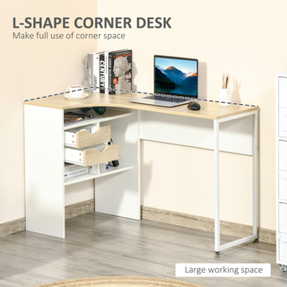 L-Shaped Corner Computer Desk Study Table PC Work w/ Storage Shelf Drawer Smooth Slide Office Home Workstation Space Saving - Light Brown - Giant Lobelia