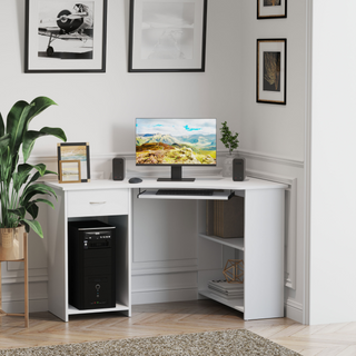 L-Shaped Corner Computer Desk w/ 2 Shelves Wide Worktop Keyboard Tray Drawer & CPU Stand Home Office Study Bedroom Furniture White - Giant Lobelia