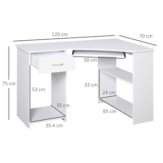 L-Shaped Corner Computer Desk w/ 2 Shelves Wide Worktop Keyboard Tray Drawer & CPU Stand Home Office Study Bedroom Furniture White - Giant Lobelia