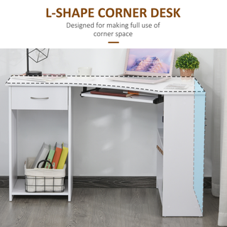 L-Shaped Corner Computer Desk w/ 2 Shelves Wide Worktop Keyboard Tray Drawer & CPU Stand Home Office Study Bedroom Furniture White - Giant Lobelia