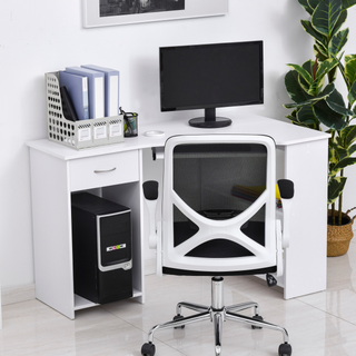 L-Shaped Corner Computer Desk w/ 2 Shelves Wide Worktop Keyboard Tray Drawer & CPU Stand Home Office Study Bedroom Furniture White - Giant Lobelia