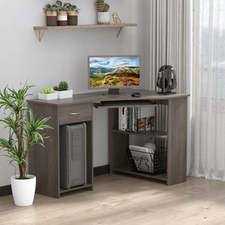 HOMCOM L-Shaped Corner Computer Desk w/ 2 Shelves Wide Worktop Keyboard Tray Drawer & CPU Stand Home Office Study Bedroom Furniture Grey - Giant Lobelia