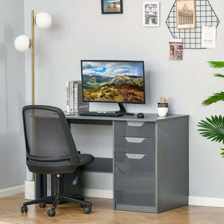 High Gloss Computer Desk with Drawers, Modern Writing Workstation with Storage Cabinet, PC Study Table for Home, Office, Study, Grey - Giant Lobelia